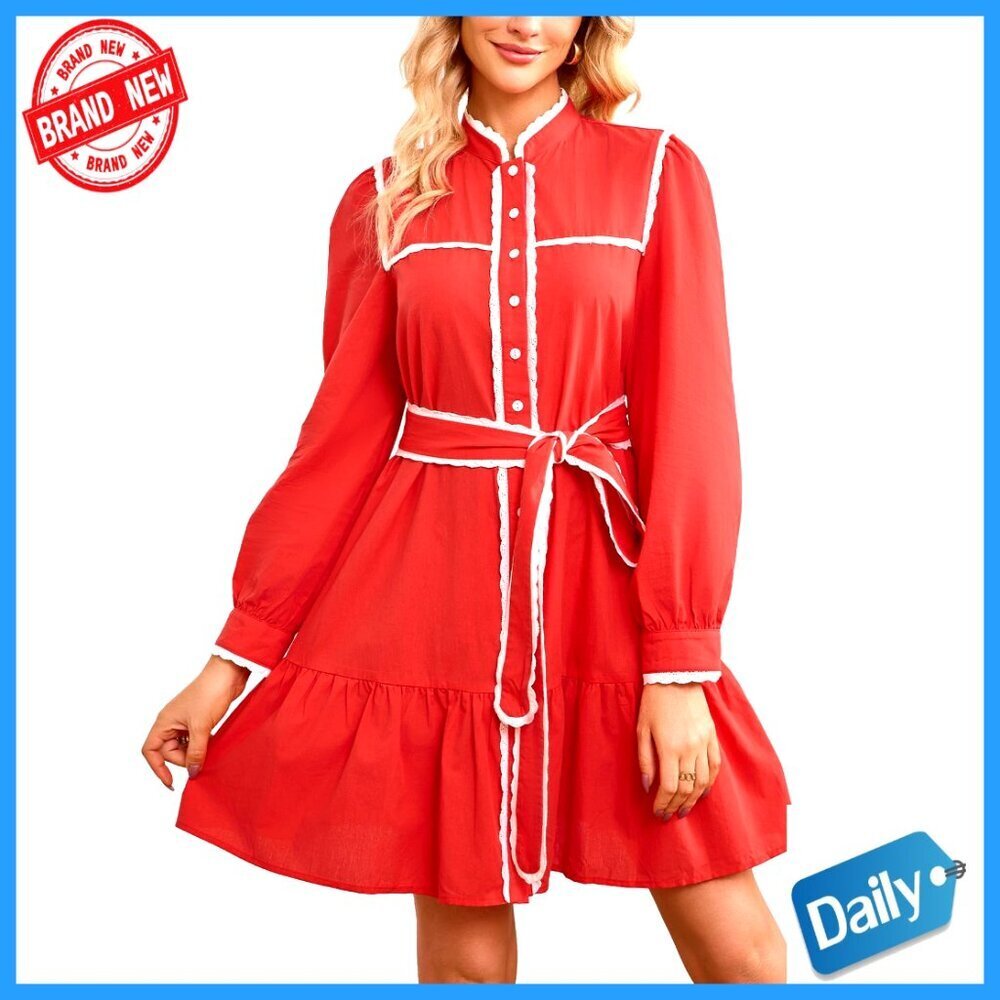 Cotton Shirt Dress Long Sleeve Lace Trim Tiered Swing Mini with Pockets